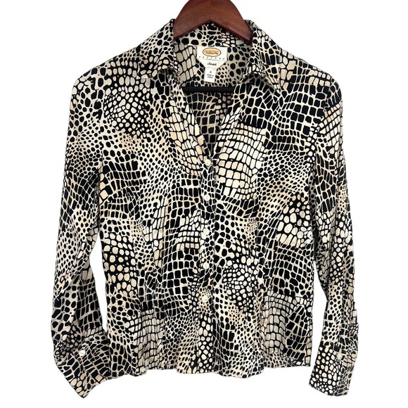 Talbots Tops - Talbots SILK Womens Size 4 Petite Stretch Button Animal Print Blouse Shirt Top